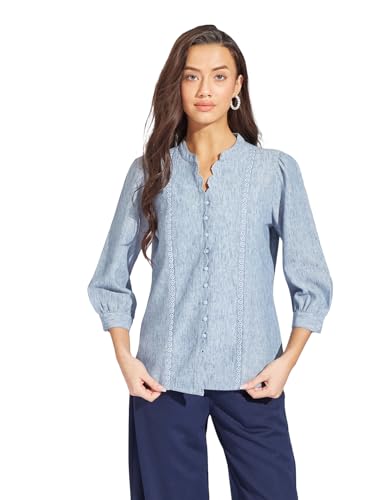 Latin Quarters Women Blue Solid Shirt with Mandarin Collar & Full Sleeves | 100% Polyester Regular Fit Button-Down Top for Casual Wear