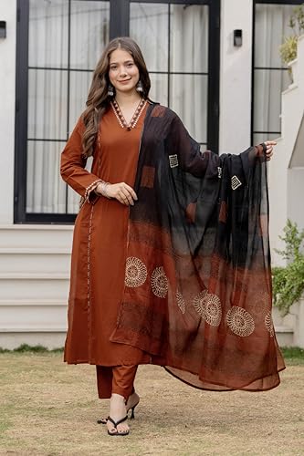 MEERA FAB Women Floral Printed Pure Cotton Straight V-Neck Side Pocket Kurta with Palazzos & Dupatta