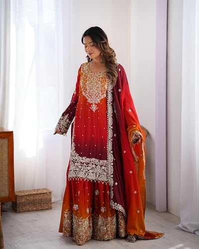 LEELI PEERI DESIGNER Women's Chinon Silk Embroidery Multicolour Kurta Sharara Set With Dupatta(45PDM10-M)