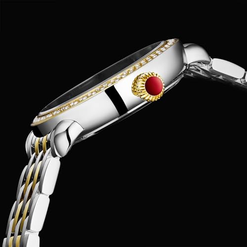 Stuhrling Original Women’s Stainless Steel Watch – Crystal Bezel, Iridescent Mother-of-Pearl Dial, Quartz Movement, Mineral Crystal, Steel Bracelet, 50M Water Resistant, Red Crown, Gold