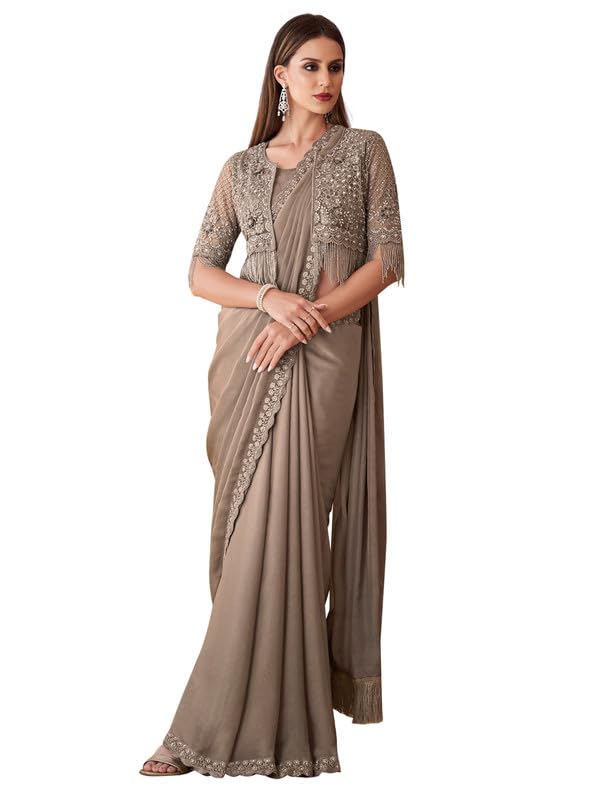 AKHILAM Women's Georgette Embellished Saree With Unstitched Blouse Piece, Grey