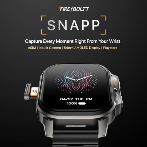 Fire-Boltt Snapp Smart Watch, Selfie Camera, 4G Nano-SIM Slot, 54.1mm AMOLED Display, Play Store- Unlimited apps, 1000mAh Battery, 2GB/4GB RAM + 16GB/64GB ROM (Jet Black Luxe)