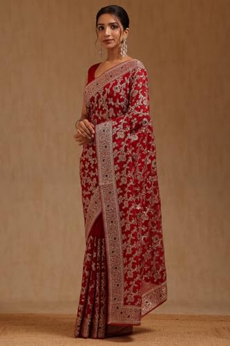 Soch Womens Fuchsia Georgette Embroidered Saree With Stone Work