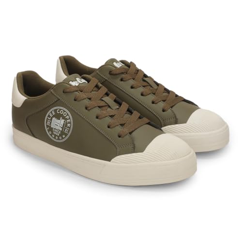 Lee Cooper Men's Olive Leather Sneakers – Lace-Up Casual Sports Shoes