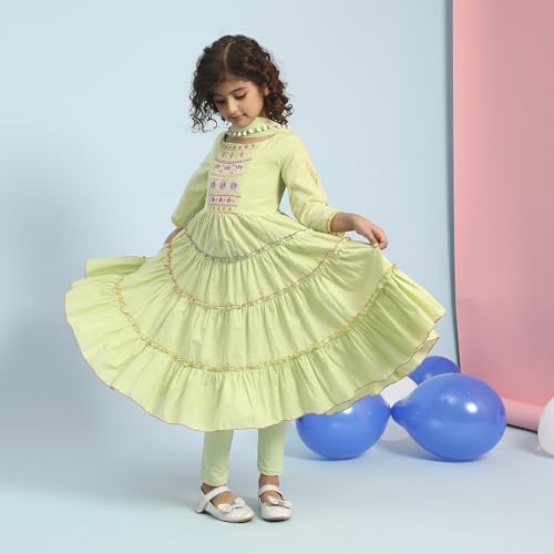 BIBA Girls Pastel Green Tiered Cotton Solid Kurta suit set