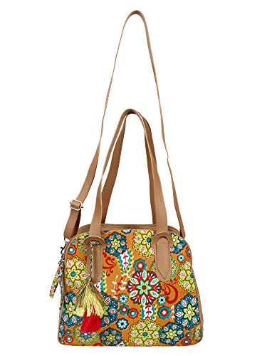 Anekaant Florid Printed Canvas & PU Shoulder Bag Beige & Multi