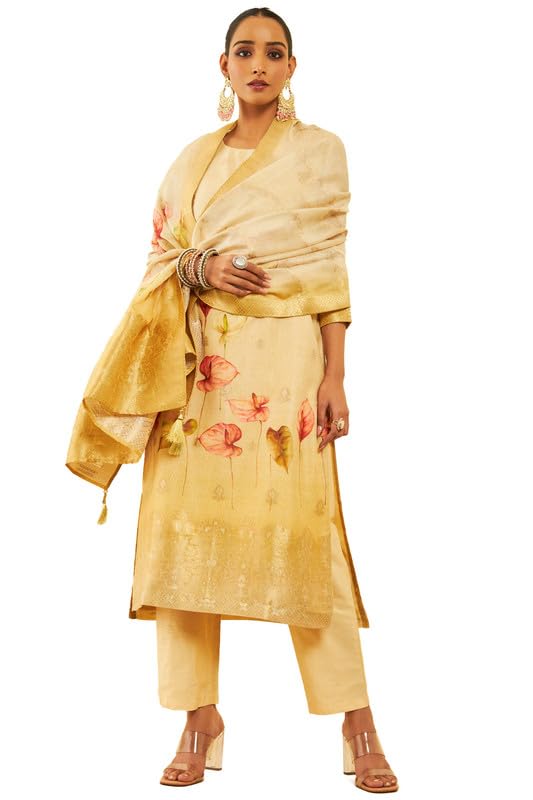 Soch Womens Beige Chanderi Placement Print Suit Set With Cutdana Details