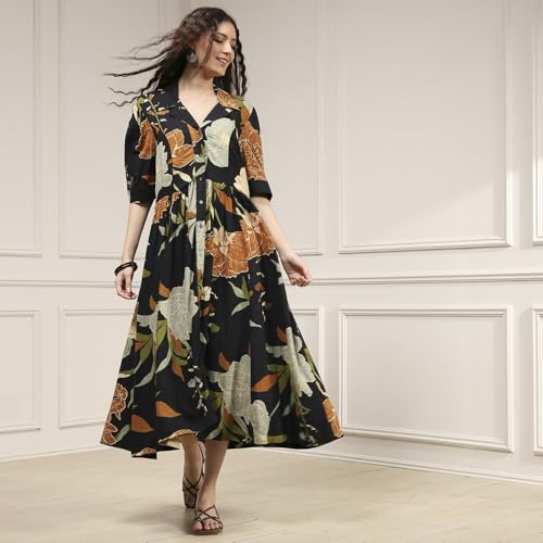 Biba Women Black Viscose Rayon Straight Printed Dress_40