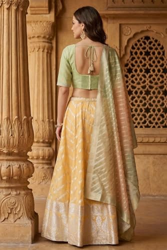 Aurelia Women's Pista Green and Yellow Embroidered Jacquard Blouse with Lehenga and Dupatta Set - (AD10759-706231-M)
