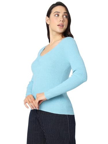 VERO MODA Women Solid Blue Viscose Regular Fit Pullover Sweater