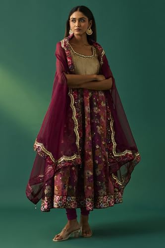 Wishful Women's Maroon Floral Printed Embellished Anarkali Kurta with Churidar and Dupatta Set - (SP12850-401147-XXL)