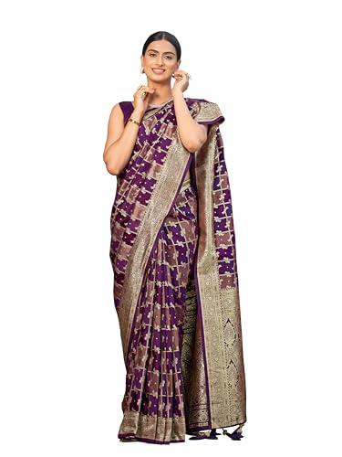 MANOHARI Women's Most Trendy Banarasi Satin Silk Woven Purple Wine Saree With Heavy Jacquard Work Saree With Blouse Piece_MN2054