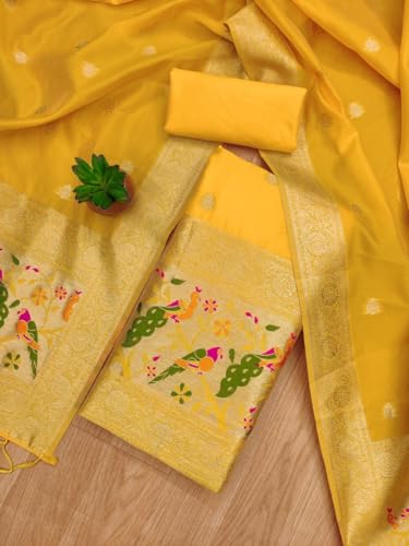 SHANTVAN GALLERY Pure Zari Banarasi Silk Suit Dress Material for Woman Parrot Design Banarasi Dress Materials for Women Unstitched Silk Top Bottom Dupatta Set for Functions and Traditional Styling