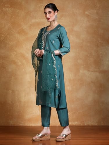 Varanga Women Women Thread & Sequin Embroidered Yoke Kurta With Trouser & Dupatta
