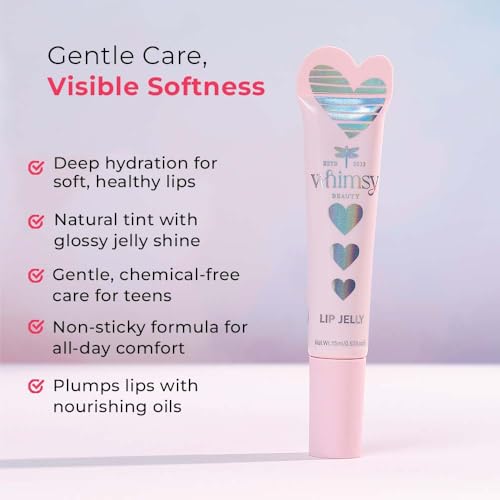 Whimsy Beauty Heart Lip Jelly Raspberry for Kids and Pre-Teens | Glossy Lip Jelly with Smooth Shiny Finish | Lightweight Non Sticky Formula | 4 to 16 Years | Organic, Natural, Chemical Free | 15 ml