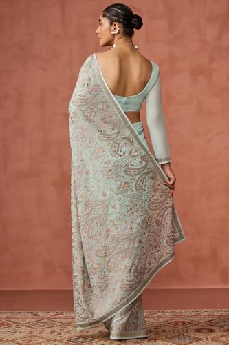 Soch Womens Powder Blue Georgette Embroidered Saree