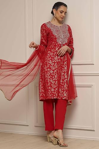 Biba Women Green-Maroon Cotton Straight Printed Suit Set_36