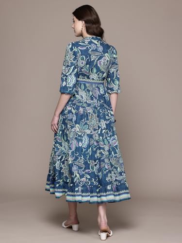 Label RITU KUMAR Blue Alanna 3/4 Sleeves Long Dress with Belt