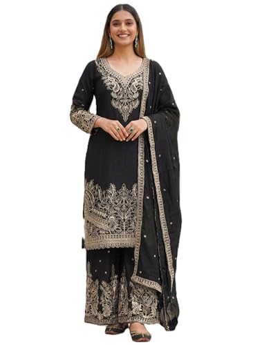 Leeli Peeri Designer Women's Chinon Silk Embroidery Kurta Sharara Set With Dupatta
