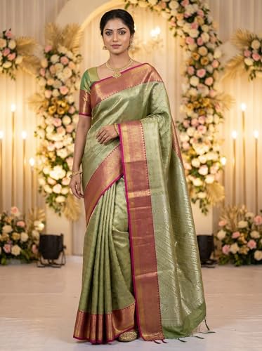 MIMOSA Women’s Green Art Silk Saree Woven with Zari Tissue | Kanjivaram Style Saree | Rich Pallu & Tassels | 6.2 Mtrs