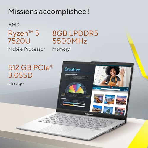 ASUS Vivobook Go 14, AMD Ryzen 5 7520U Processor, 8GB RAM,512GB SSD,AMD Radeon iGPU, 14" FHD, Windows 11,M365 Basic (1Year)*,Office Home 2024, Silver, 1.38 kg, E1404FA-EB2521WS, Thin & Light Laptop