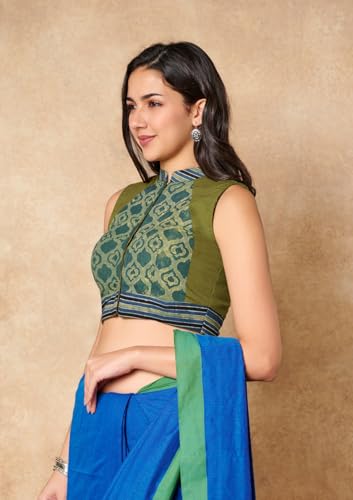S SALWAR STUDIO Green Batik Pure Cotton Stand Collar Readymade Blouse