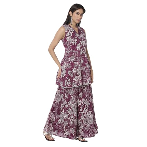 BIBA Women's Berry Purple Cotton Floral Peplum Suit Set
