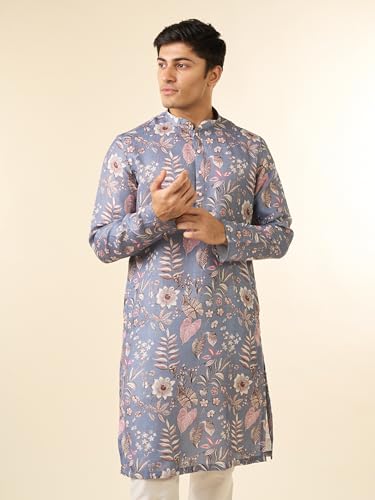DIWAS BY MANYAVAR Men's Cotton Blend Floral Prints Casual Kurta Set (Light Grey,M)