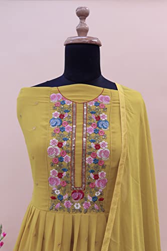 RUDRAPRAYAG Anarkali Georgette and Santoon Maxi Gown for Women | Long Anarkali Gown for Women Semi-Stitched Yellow