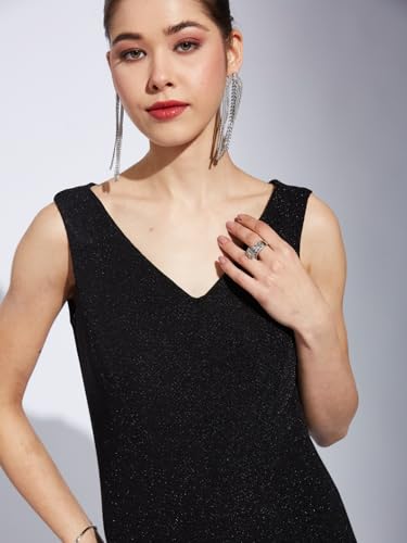 Latin Quarters Women Black V-Neck Sleeveless Solid A-Line Dress_2XL