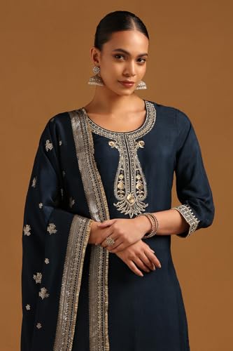Soch Womens Navy Blue Dola Silk Embroidered Salwar Suit With Zari