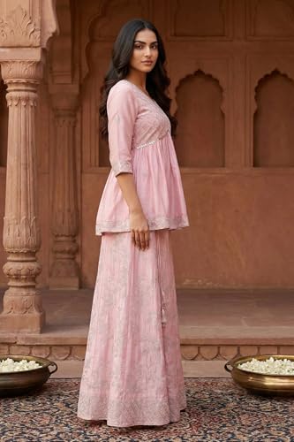 Aurelia Women's Pink Sequins Flared Top with Skirt and Dupatta Set - (AD10765-E609132-XL)