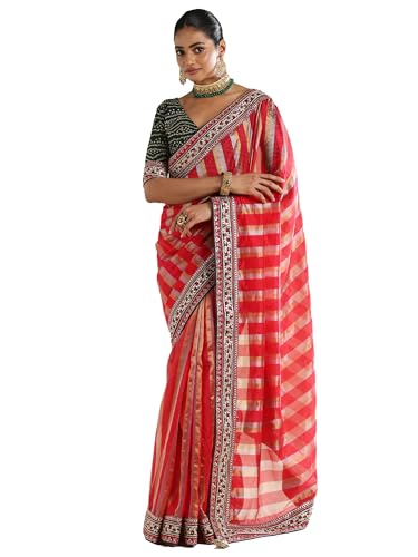 AKHILAM Women's Red Organza Striped Embellished Saree With Unstitched Blouse Piece (ANIKA3303_AG)
