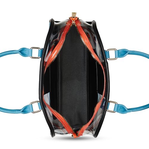 Caprese Madonna Satchel Bag Large | Stylish Transparent Handbag with Butterfly Charm for Women with Adjustable & Detachable Sling Strap, Top-Handles & Zip Closure | Perfect for Casual Use (Blue)