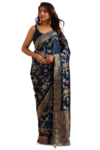 Soch Womens Navy Blue Satin Botanical Zari Woven Saree