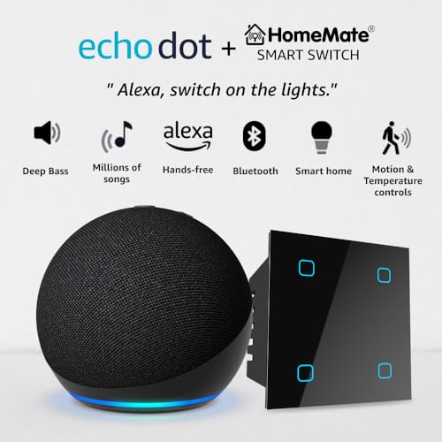 Amazon Echo Dot (5th Gen, Black) Combo with HomeMate Wi-Fi Smart 4 Gang Touch Switch (Black)