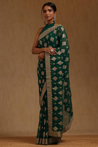 Soch Womens Teal Green Georgette Floral Zari Embroidered Saree With Stone Work