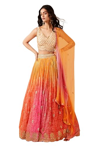 AG Clothing Women's Organza Semi Stitched Lehenga Choli With Dupatta | BAndhani Digital Print With Sequin Embroidery Pattern | Traditional, Wedding, Ethnic Wear Lehenga (AD-SV2o-Orange)