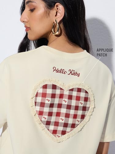 The Souled Store Hello Kitty: Heartbeat Women and Girls Short Sleeves Round Neck Cream Graphic Printed Cotton Oversized Breathable Durable Streetwear T-Shirt