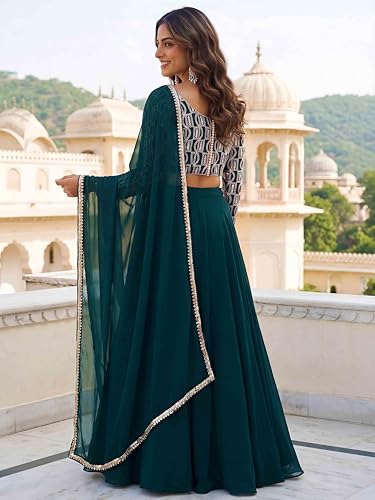 Zeel Clothing Women's Chikankari Sequins Embroidered Georgette Lehenga Choli with Dupatta (5050-Green-Women-New-Lehenga-Choli; Free Size)