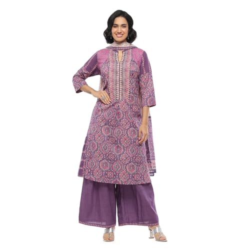 Biba Women Purple Cotton Printed A-Line Suit Set_46