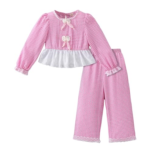 Hopscotch Girls Full Sleeves Pink 2-Pc Checkered Bow Applique Pants Set (4-5 Years)