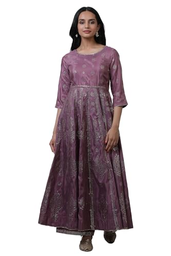 W for Woman Purple Festive Geometric Print Shantung Flared Kurta Set with Parallel Pant_22AUWS18293-119280_XS