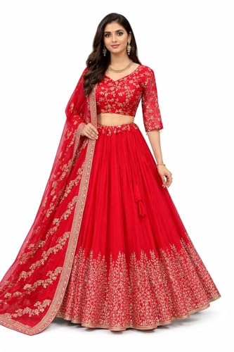 Quick buy hub Women Embroidered Sequin Faux Georgette Lehenga Choli Set with Dupatta | Designer Ethnic Lehenga Set | Fully Stitched Choli with Semi Stitched Lehenga (PINK)