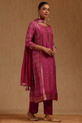 Soch Womens Magenta Dola Silk Bandhani Print Suit Set With Sequins