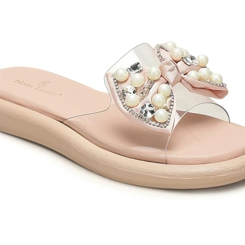 Marc Loire Women Smart Casual Bow Embellished Slip-On Flats Chappals | Open Toe Cute Fashion Sandals with Comfortable Sole (Nude, UK Footwear Size System, Adult, Women, Numeric, Medium, 7)