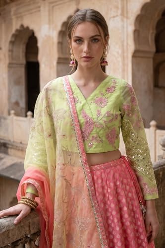 Wishful Women's Pink Mirror Work Embroidered Blouse with Skirt and Dupatta Set - (SP13598-225017-XL)