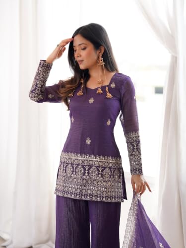 Women's Purple Crunchy Silk Embroidered Kurta With Sharara and Dupatta