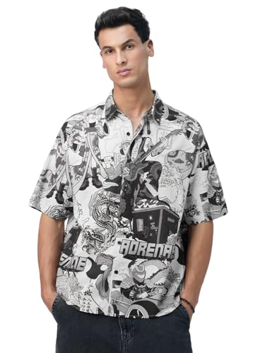 The Souled Store Wagara Men and Boys Short Sleeves Collared Neck Button Front All Over Printed Cotton Lightweight Streetwear Oversized Holiday Shirts