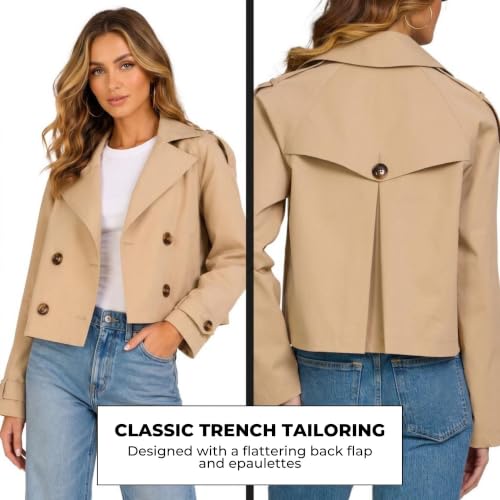 Steve Madden Cropped Lapel Trench Coat, Spring Jackets for Women, Womens Lightweight Work Jackets, Khaki, Small